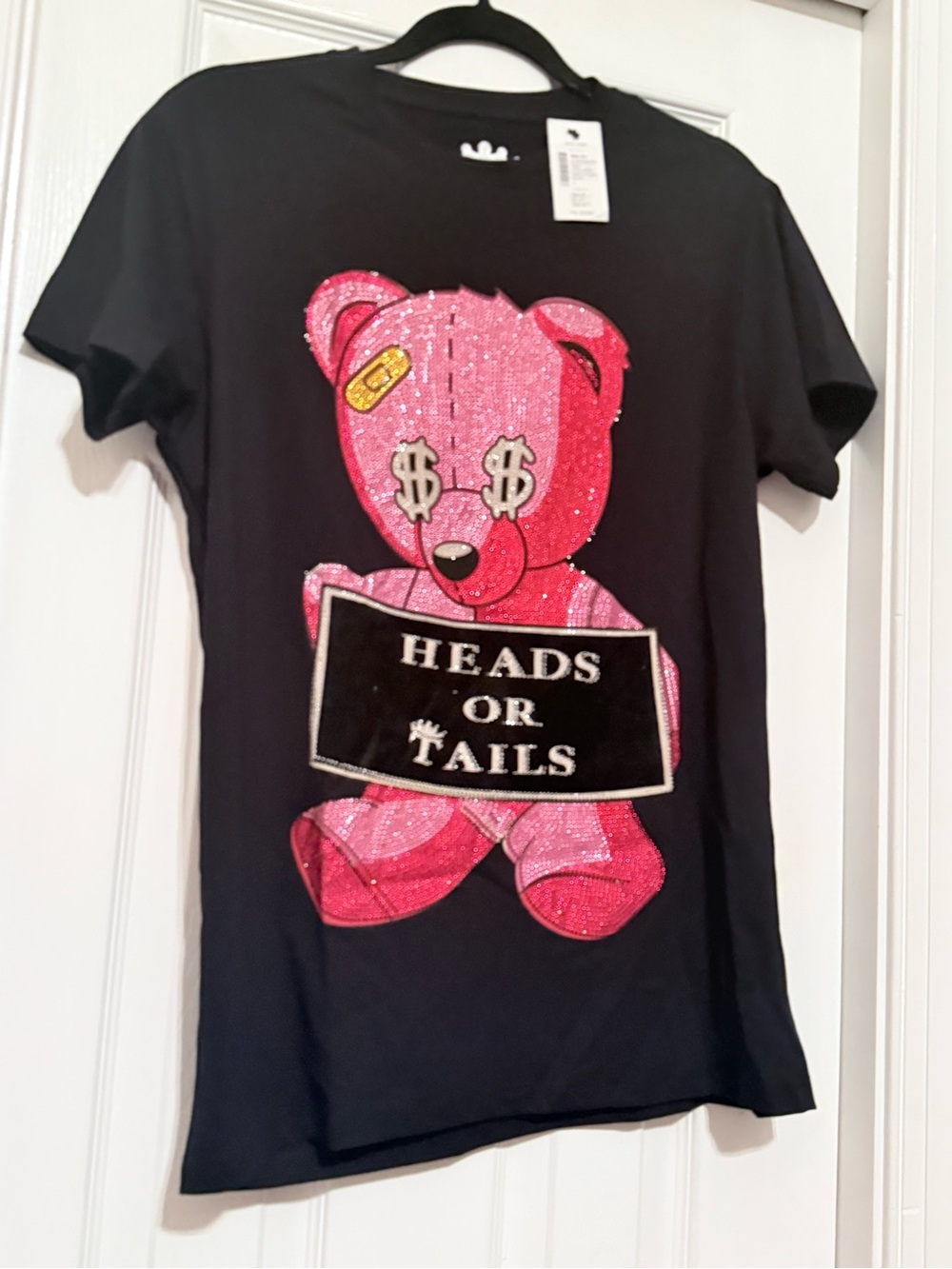 HEADS OR TAILS Woman's Rhinestone Tee Red Teddy Cash Bear Sz M
